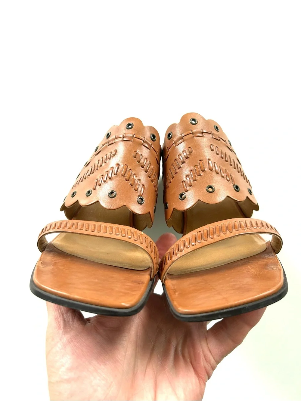 Enzo Angiolini Tan Brown Genuine Leather Woven Studded Open Toe Slide Heels